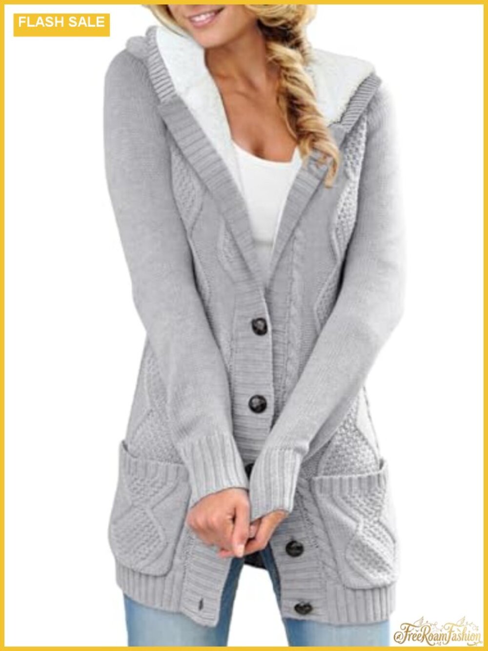 Cable Knit Fleece Lined Hood Cardigan Sweater Open Front Button